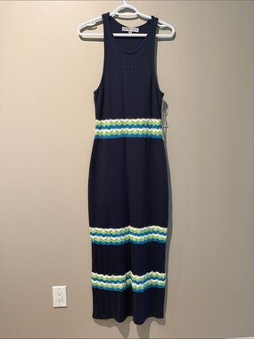 Absolutely Famous Navy Sleeveless Maxi Dress with Green, White & Aqua Stripes